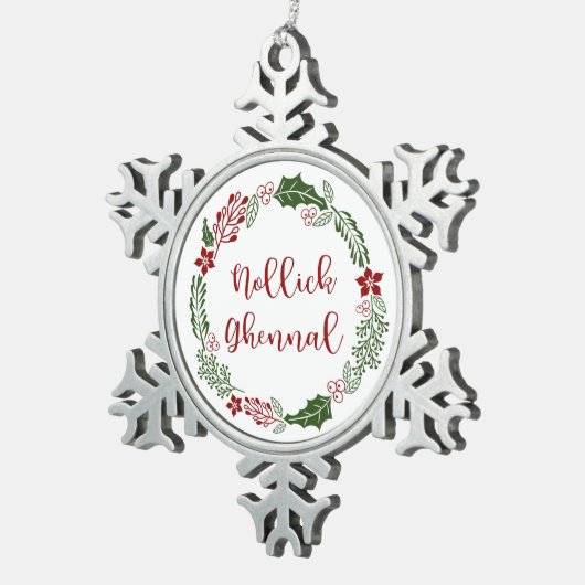 Manx Merry Kerstmis Wreath, Nollick Ghennal Tin Sneeuwvlok Ornament (Rechts)