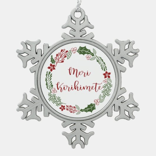 Māori Merry Kerstmis Wreath, Meri Kirihimete Tin Sneeuwvlok Ornament (Voorkant)