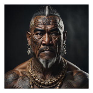 Maori Warrior Chief met gezicht Tattoos Perfect Poster