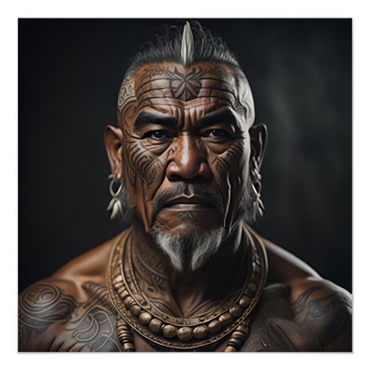 Maori Warrior Chief met gezicht Tattoos Perfect Poster (Voorkant)