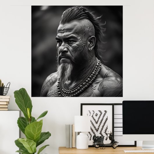 Maori Warrior Chief met gezicht Tattoos Poster (Thuiskantoor)
