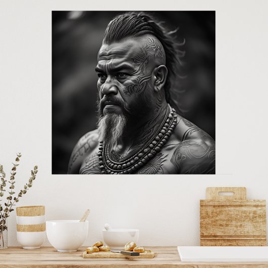 Maori Warrior Chief met gezicht Tattoos Poster (Keuken)