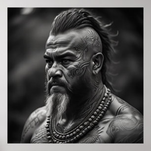Maori Warrior Chief met gezicht Tattoos Poster