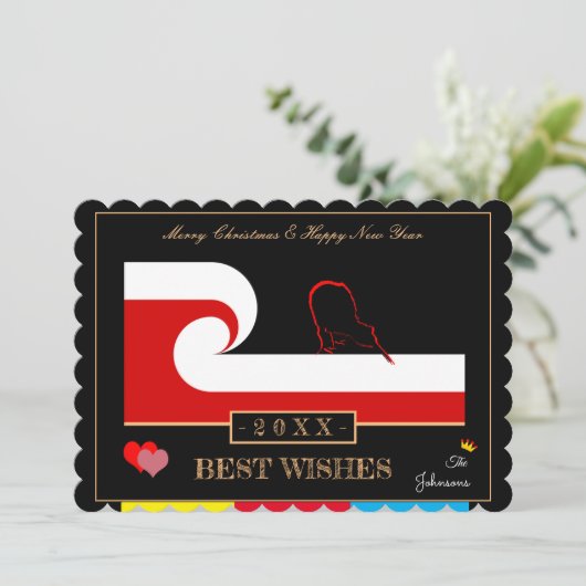Maori Wave & Zealand Flag Happy New Year wil Feestdagenkaart (Staand voorkant)