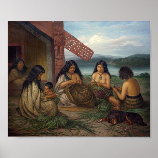 Maoris Plaiting Flax-manden, door G. Lindauer Poster (Voorkant)