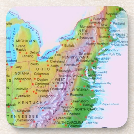 Map Appalachian Mountains East Coast US Foto Bier Onderzetter (Voorkant)