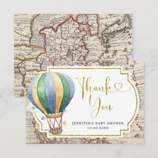  Map Hot Air Ballon Adventure Baby shower Bedankkaart (Voorkant / Achterkant)