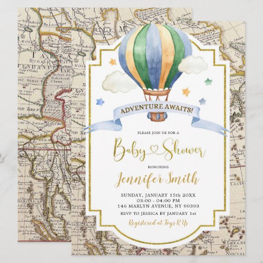  Map Hot Air Ballon Adventure Baby shower Kaart (Voorkant / Achterkant)