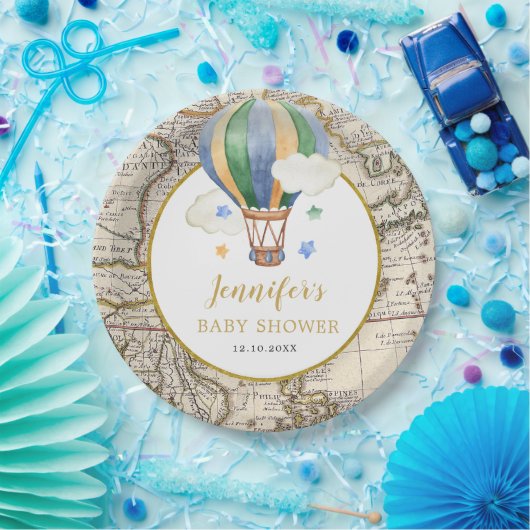 Map Hot Air Ballon Adventure Baby shower Papieren Bordje (Feest)