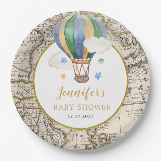 Map Hot Air Ballon Adventure Baby shower Papieren Bordje (Voorkant)