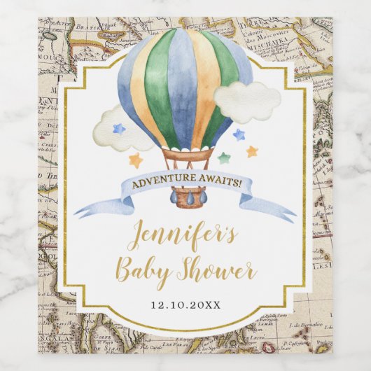  Map Hot Air Ballon Adventure Baby shower Wijn Etiket (Enkel label)
