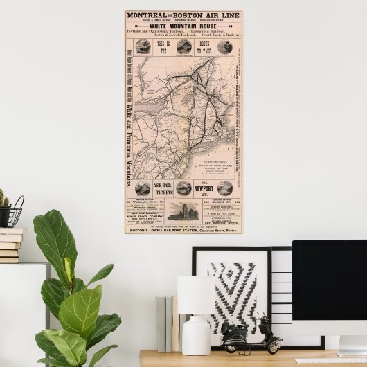 Map Montreal en Boston Air Line Poster (Thuiskantoor)