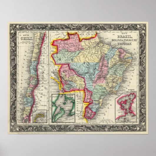 Map Of Brazil, Bolivia, Paraguay, And Uruguay Poster (Voorkant)