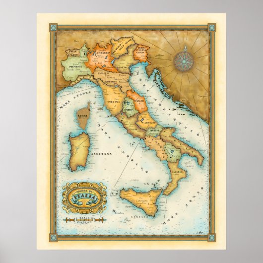 "Map of Italy" "Mappa de Italia" Poster (Voorkant)