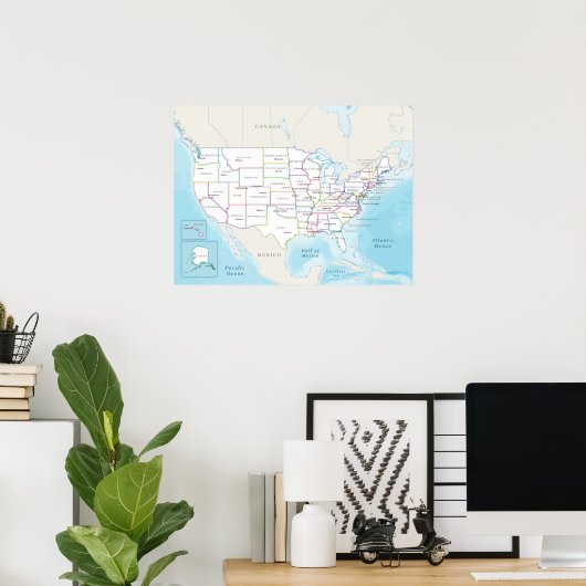 Map of the United States with State Capitals Poster (Thuiskantoor)