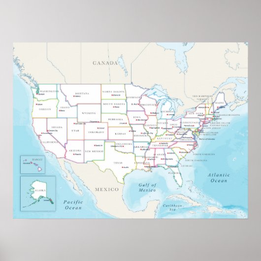 Map of the United States with State Capitals Poster (Voorkant)