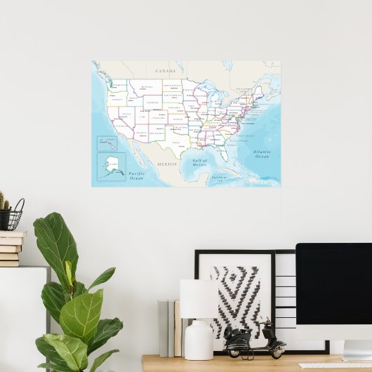 Map of the United States with State Capitals Poster (Thuiskantoor)