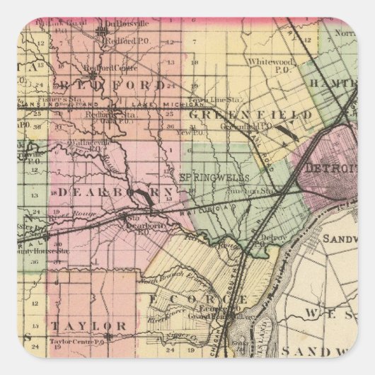 Map of Wayne County, Michigan Vierkante Sticker (Voorkant)