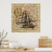 Map Retro Sailing Ship Design Poster (Keuken)