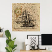 Map Retro Sailing Ship Design Poster (Thuiskantoor)