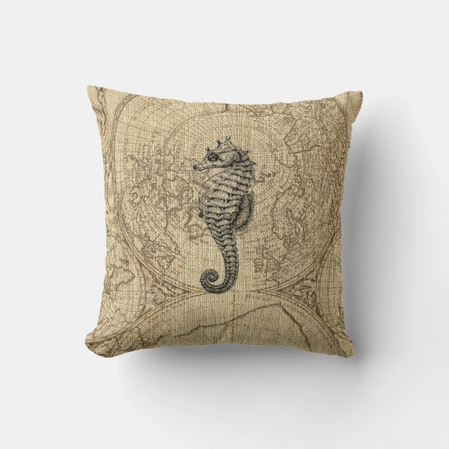 Map Sealife Black Seahorse Illustration Coastal Kussen (Voorkant)