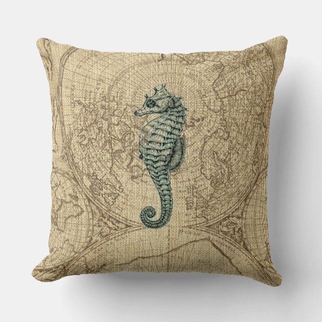 Map Sealife Green Seahorse Illustration Coastal Kussen (Voorkant)