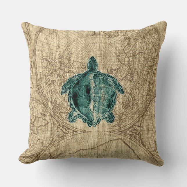 Map Sealife Green Turtle Illustration Coastal Kussen (Voorkant)