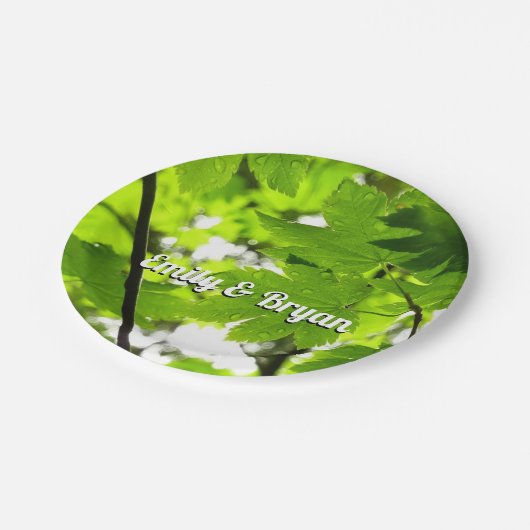 Mapelbladeren met regendruppels papieren bordje (Gekanteld)