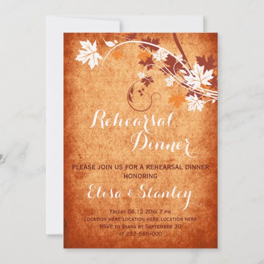 Maple laat sinaasappel herfst bruiloft repetitie d kaart (Voorkant)
