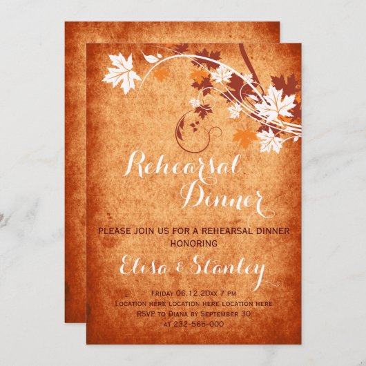 Maple laat sinaasappel herfst bruiloft repetitie d kaart (Voorkant / Achterkant)