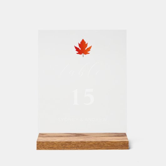 Maple Leaf Modern Elegant Script Trouwtafel No. Acryl Bord (Voorkant)