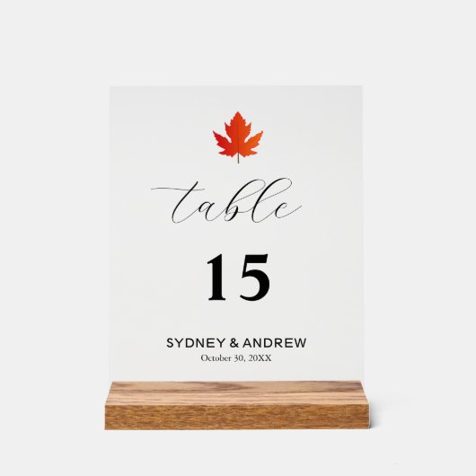 Maple Leaf Modern Elegant Script Trouwtafel No. Acryl Bord (Voorkant)