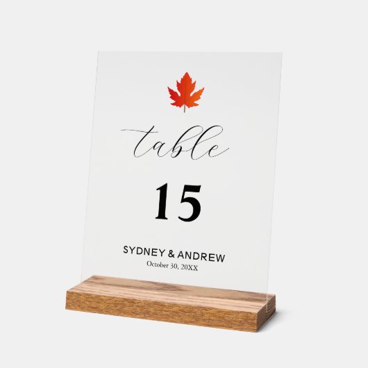 Maple Leaf Modern Elegant Script Trouwtafel No. Acryl Bord (Hoek)