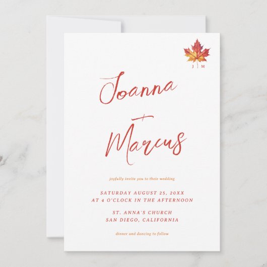 Maple Leaf Monogram Script Casual Fall Wedding Kaart (Voorkant)