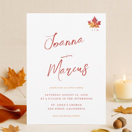 Maple Leaf Monogram Script Casual Fall Wedding Kaart