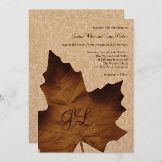 Maple Leaf Monogrammed Wedding Invitation Kaart (Voorkant / Achterkant)
