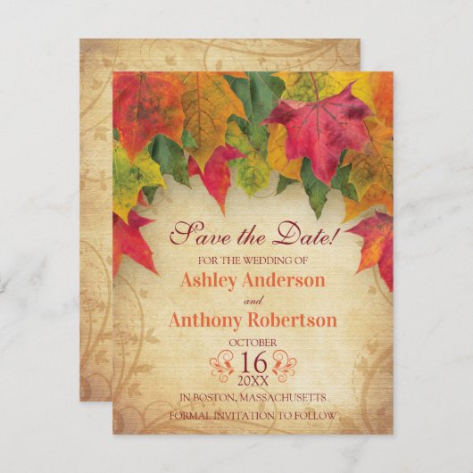Maple Leaves Bruiloft Bewaar de Datum Herfst Herfs Save The Date (Voorkant / Achterkant)