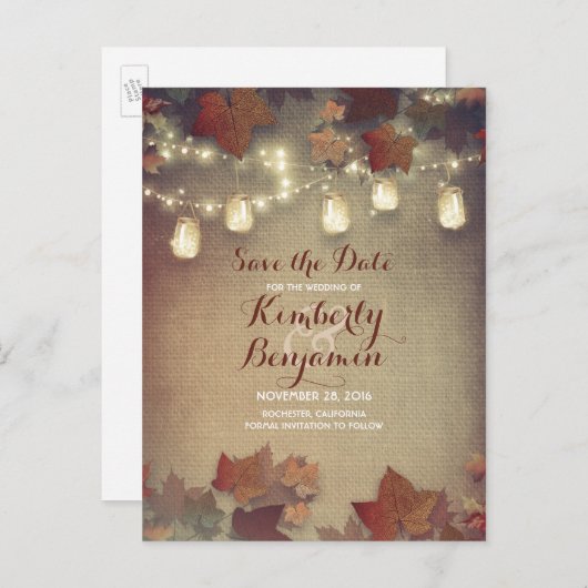 Maple Leaves en Mason Jars Herfst Sla de datum op Aankondigingskaart (Voorkant / Achterkant)
