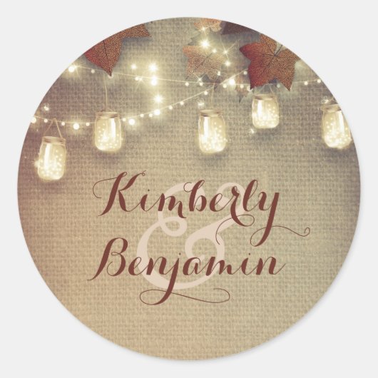 Maple Leaves en Rustic Mason Jar Lights Wedding Ronde Sticker (Voorkant)