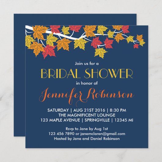 Maple Leaves Navy Blue Fall Wedding Invitation Kaart (Voorkant / Achterkant)