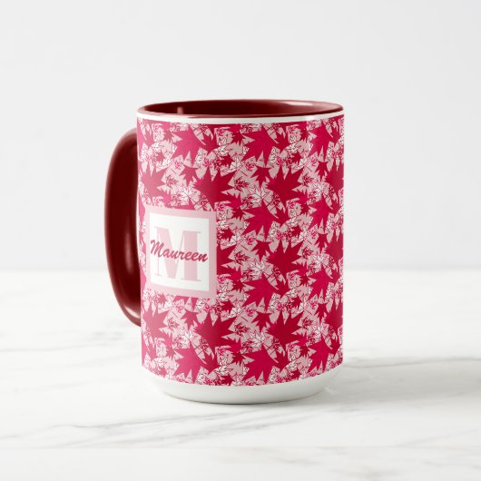 Maple lekt op een roze achtergrond mok (Voorkant links)