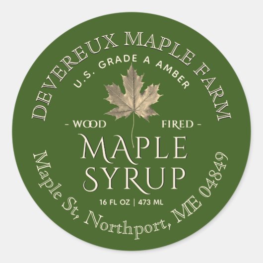 Maple stroop gouden esdoornblad op groen aangepast ronde sticker (Voorkant)