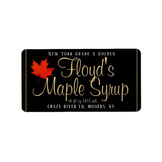 Maple Syrup Address Label met Red Leaf op Black (Voorkant)