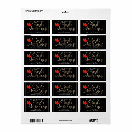 Maple Syrup Address Label met Red Leaf op Black (Full Sheet)