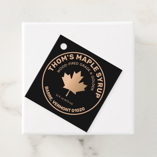 Maple Syrup Gold en Black Maple Leaf Classic Roun Bedankjes Labels (In situ)