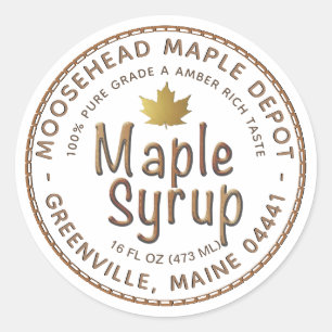Maple Syrup in gegoten Amber Font met Gold Leaf Ronde Sticker
