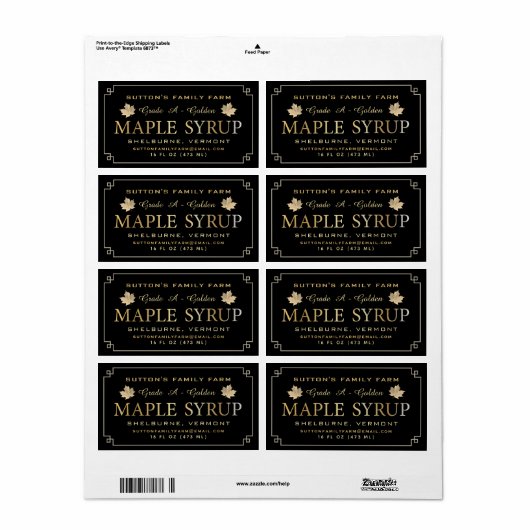 Maple Syrup Label Black en Gold Leaves en Border (Full Sheet)