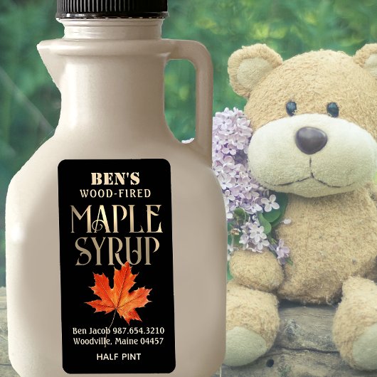Maple Syrup Label Zwart en Goud met Oranje Leaf