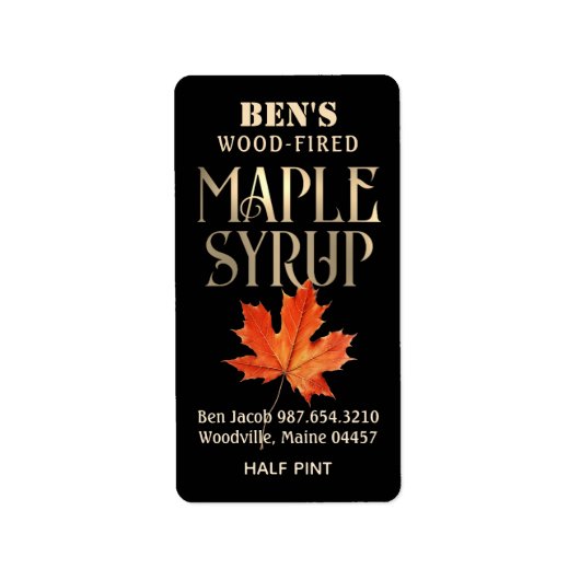 Maple Syrup Label Zwart en Goud met Oranje Leaf (Voorkant)