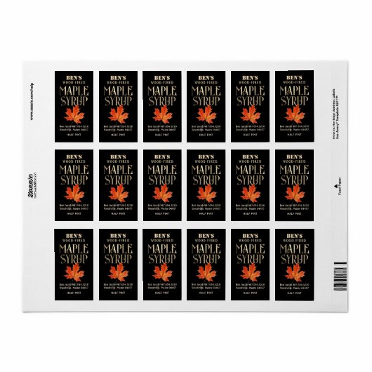 Maple Syrup Label Zwart en Goud met Oranje Leaf (Full Sheet)
